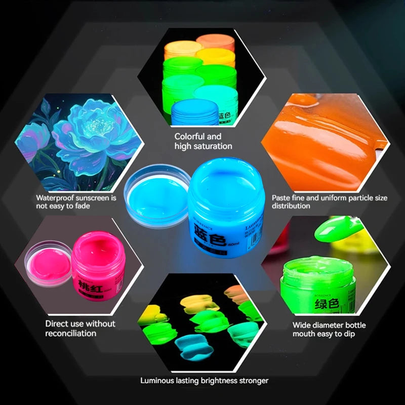 60ml Fluorescent Acrylic Paint Set - Glow in Dark Art & Craft Supplies