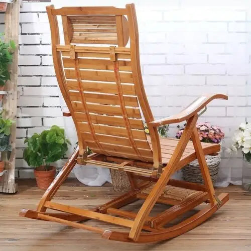 Heavy Duty Folding Bamboo Rocking Chair Indoor Outdoor Lounge Sun Lounger