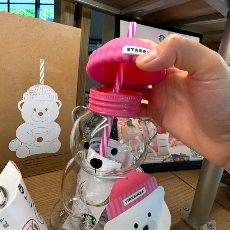 Clear Bear-Shaped Tumbler with Pink Beanie Lid & Striped Straw – 591ml Drinkware