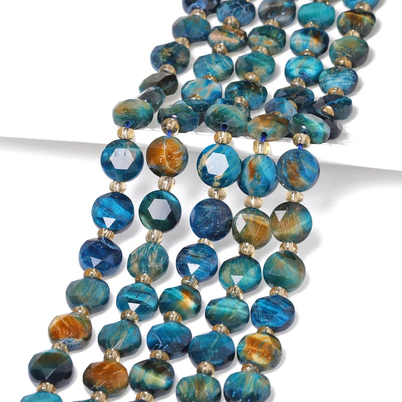 Natural Lake Blue Tiger Eye Beads Faceted Coin Shape Jewelry Making Supplies