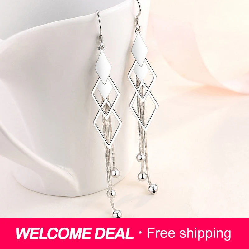 Sterling Silver Geometric Tassel Drop Earrings for Women Wedding Jewelry