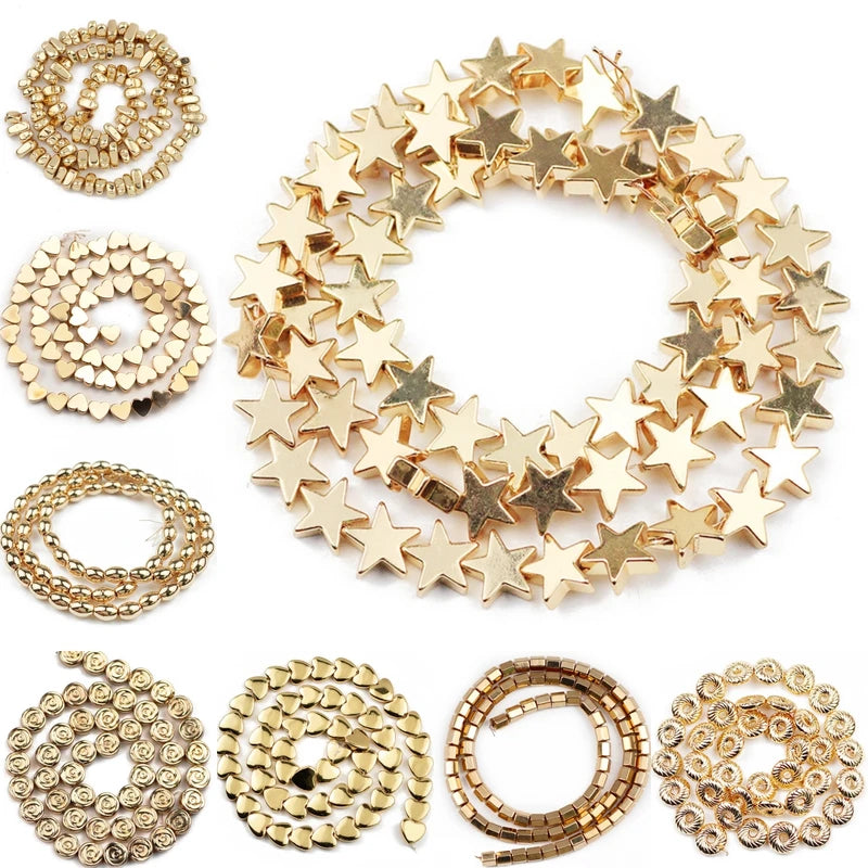 Natural Hematite Beads for Jewelry Making - 14k Gold Plated Spacer Beads, Round Star & Heart Shapes