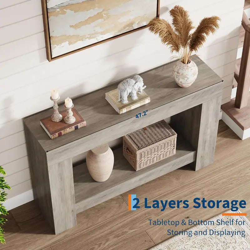 Farmhouse 47-Inch Wooden Console Table with Open Storage for Entryway, Living Room & Hallway