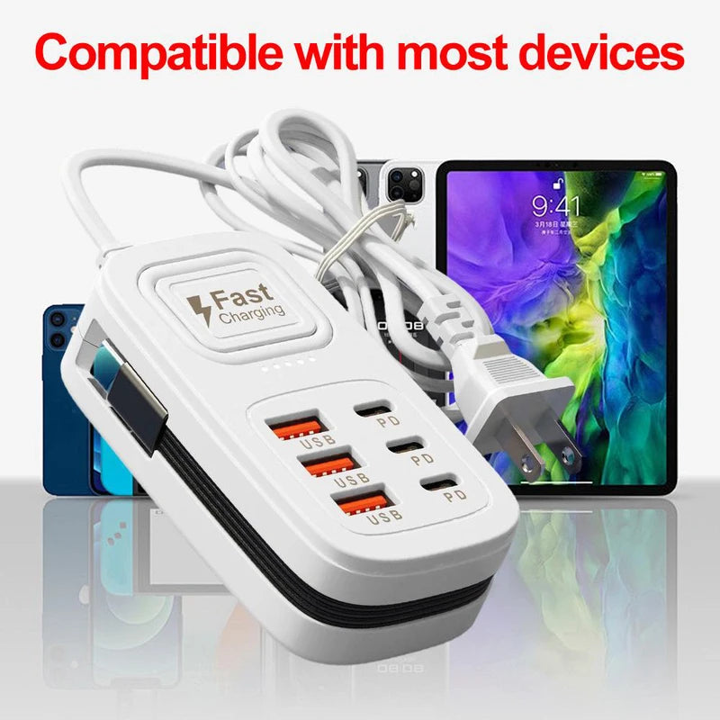 6 Port USB Fast Charger Power Strip with EU UK US Plugs for Phone Tablet Desktop Station