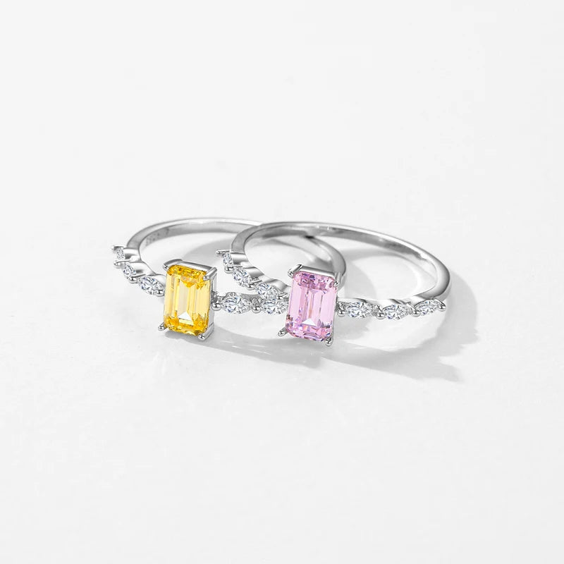 Sterling Silver Emerald Cut Pink Yellow Zirconia Ring for Women Wedding Jewelry