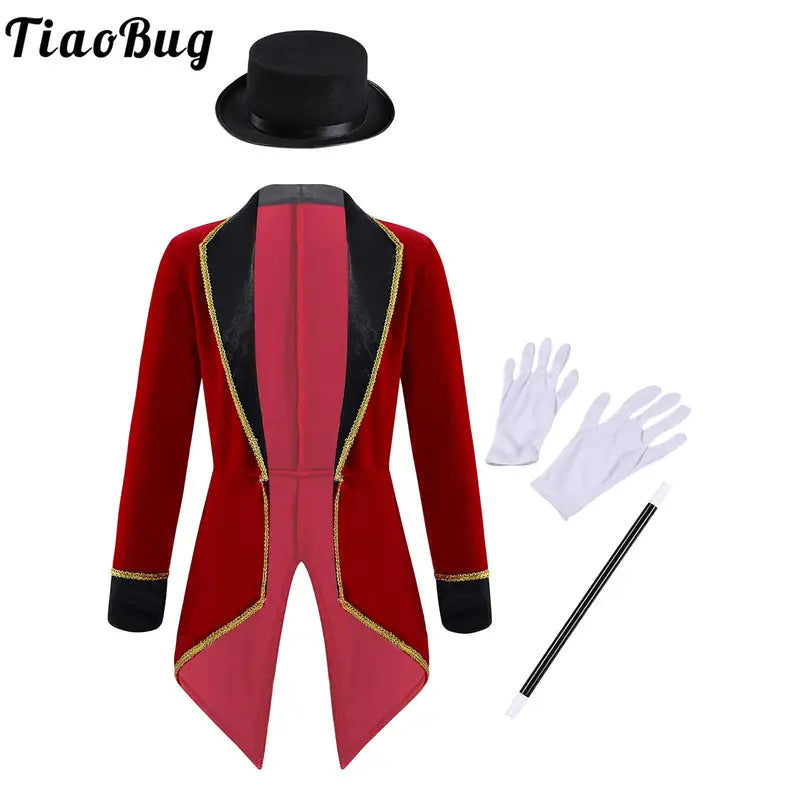 Circus Ringmaster Tailcoat Costume with Hat, Wand & Gloves for Kids & Adults