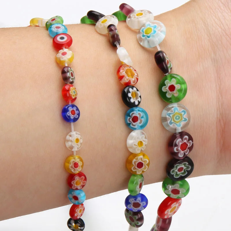 Glass Beads for Jewelry Making - Millefiori Flower Flat Round Spacer Beads