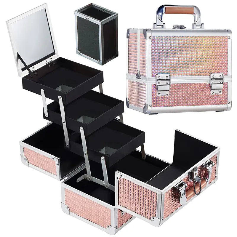 3-Tray Aluminum Makeup Case with Mirror Multi-Layer Beauty Storage for Professionals