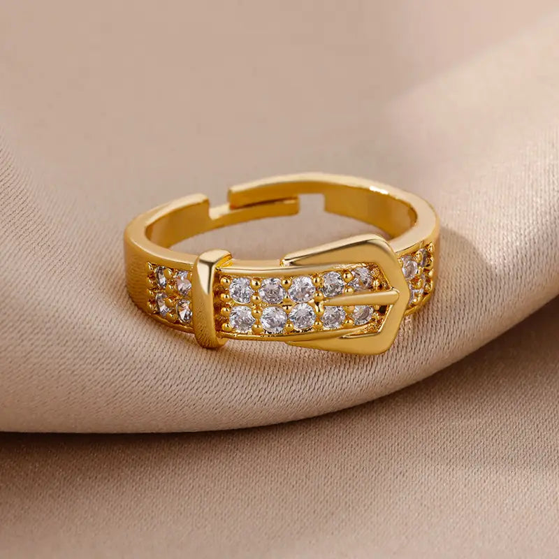 Adjustable Stainless Steel Belt Rings for Women Zircon Geometric Wedding Jewelry
