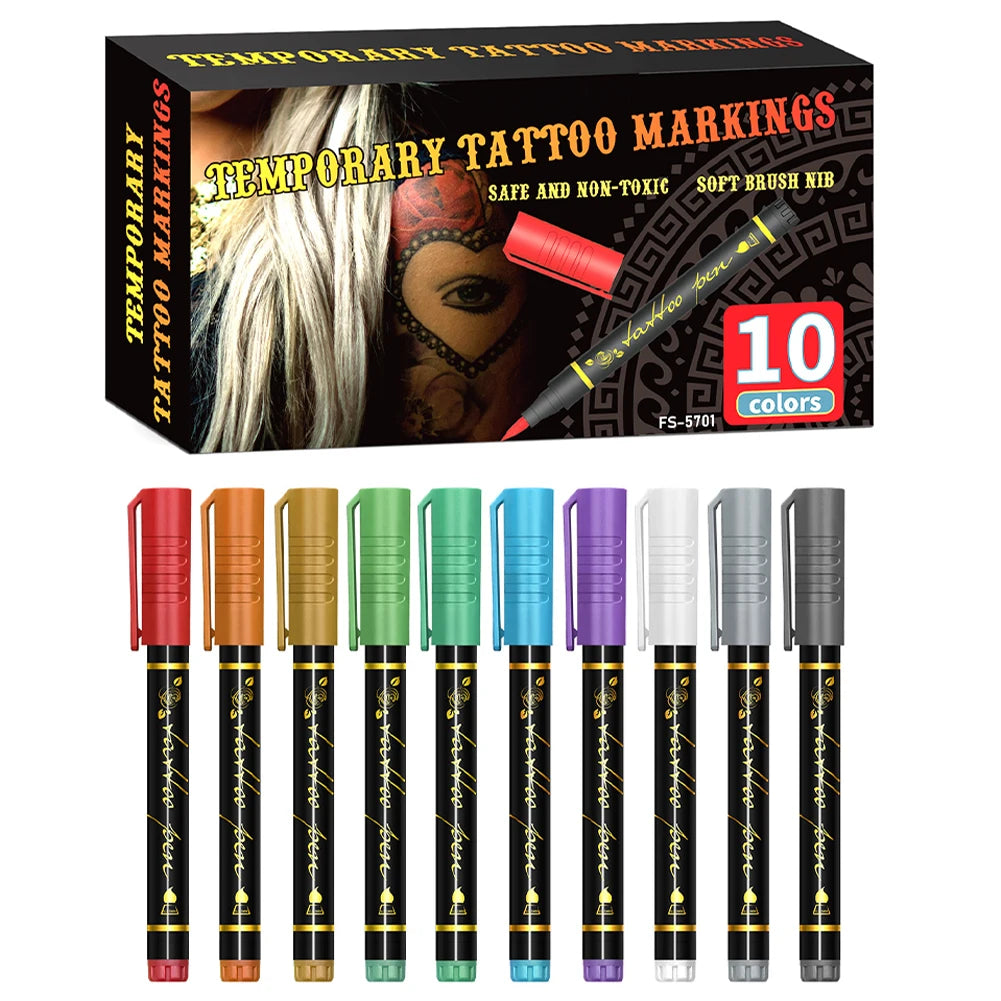 10-Color Face & Body Paint Set - Temporary Tattoo & Makeup Pen for Festivals & Cosplay