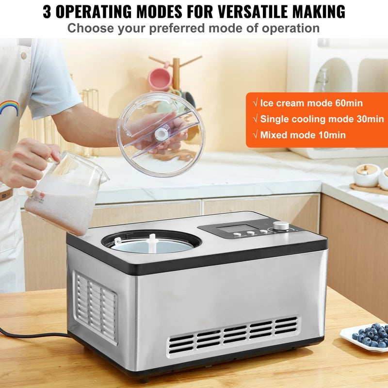 Automatic Ice Cream Maker 2QT with Built-in Compressor, No Pre-Freezing, Multiple Modes