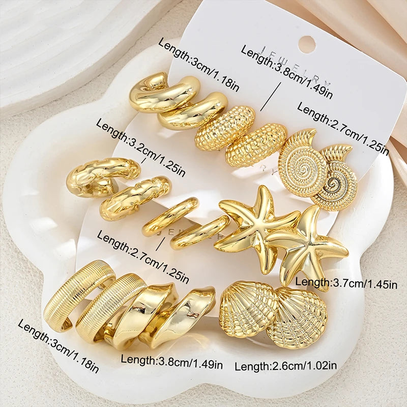 Vintage Gold Plated Ocean Earring Set with Starfish Shell Conch Textured Hoops for Women Summer Beach Jewelry