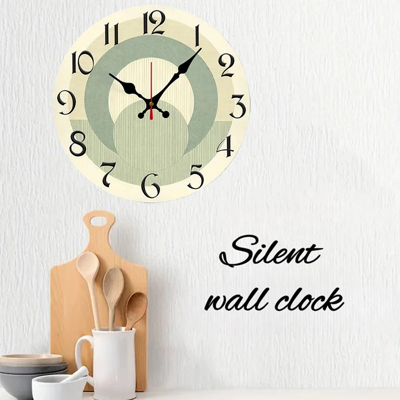 Wooden Wall Clock - Green & Beige Round Silent Hanging Home Decor