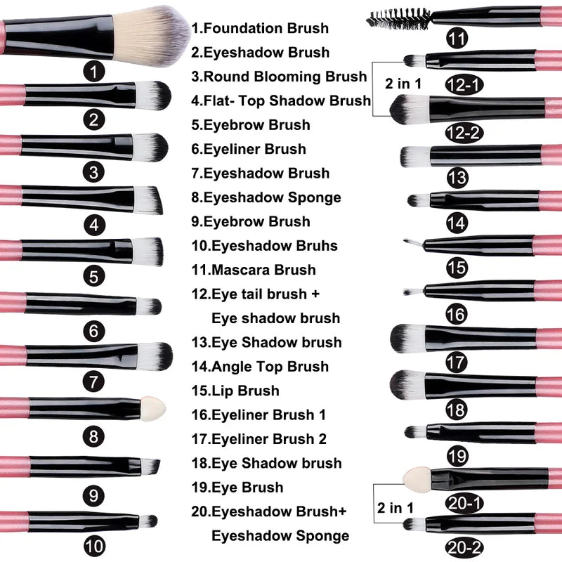 20-Piece Makeup Brush Set with Eyeliner and Eyebrow Brushes - Soft Bristles, Portable Cosmetic Tools