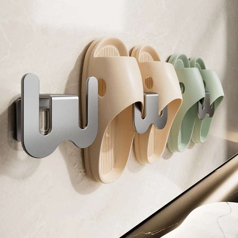 Wall-Mounted Shoe Rack and Slippers Organizer with Hooks for Bathroom and Bedroom Storage
