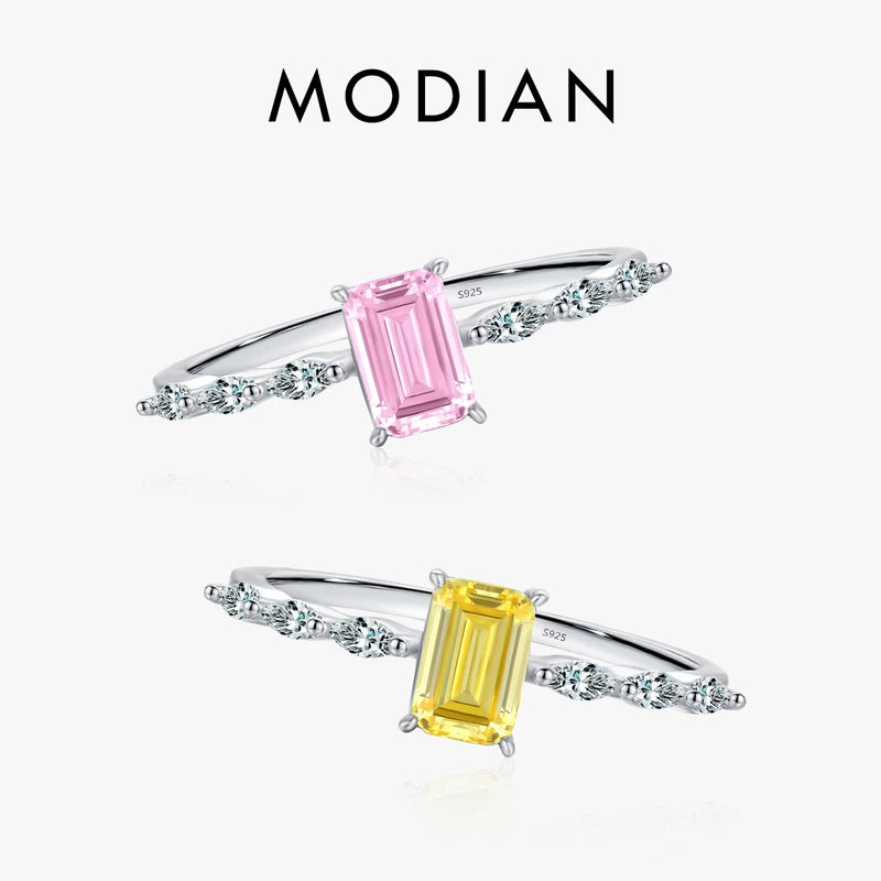 Sterling Silver Emerald Cut Pink Yellow Zirconia Ring for Women Wedding Jewelry