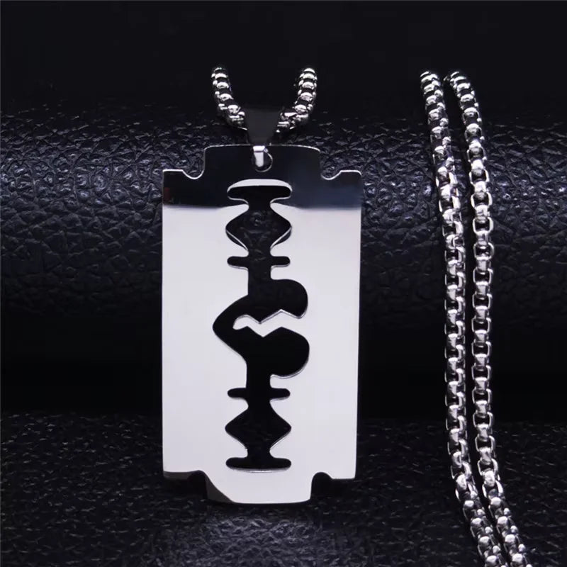Men's Gothic Razor Pendant Necklace - Stainless Steel Chain Jewelry