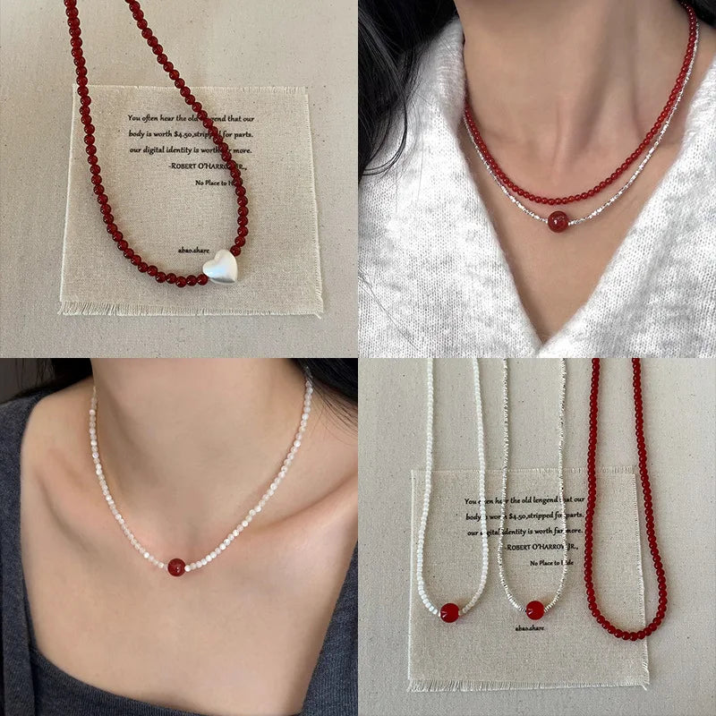 French Silver Water Wave Chain with Red Agate Beads Heart Pendant for Women
