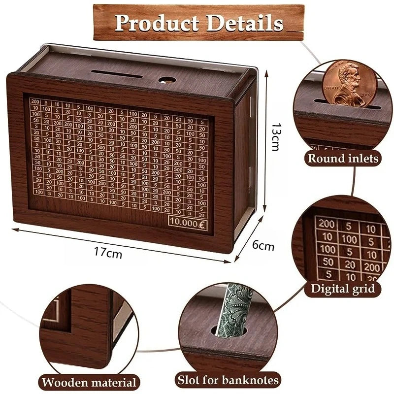 Wooden Piggy Bank Money Box - Reusable Cash Vault for Savings, Gift