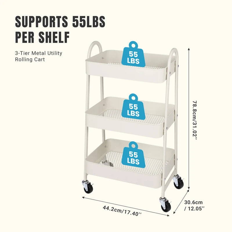 3-Tier Metal Storage Cart with Lockable Wheels - Mobile Utility Organizer for Kitchen, Home & Office