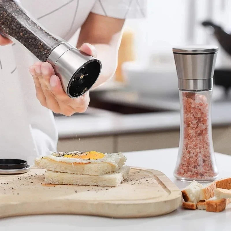 Manual Salt and Pepper Grinder Set - 180/200ML Stainless Steel Glass Spice Bottles for Kitchen