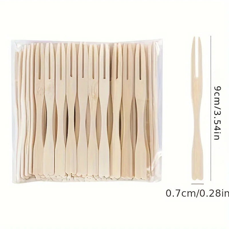 Disposable Bamboo Fruit Forks - 9cm Double Prong Cocktail Forks, 100 or 500 pcs