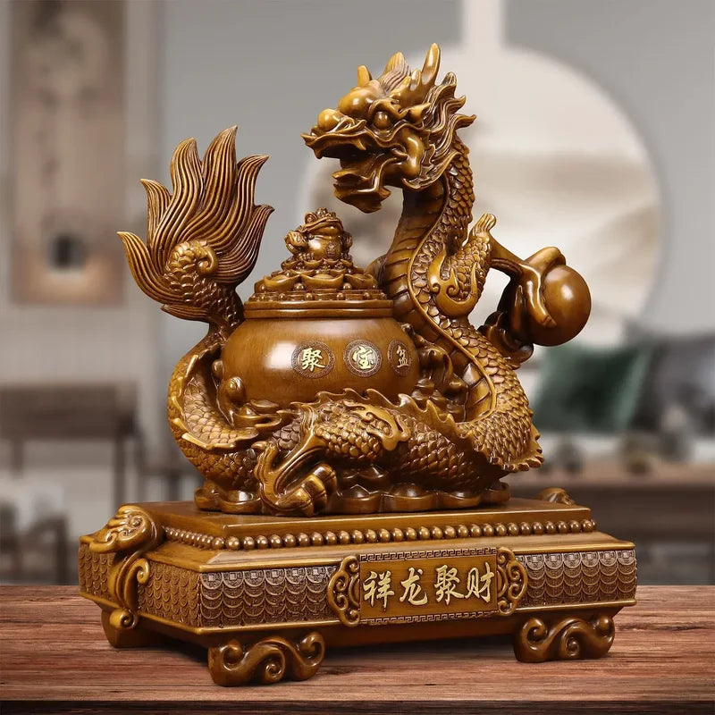 Dragon Treasure Bowl Resin Decor for Living Room & Office - Wealth Attraction Ornament