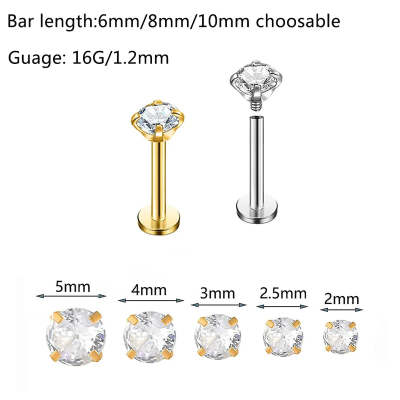 Titanium Labret Piercing Stud Earrings with Zircon 2-5mm Body Jewelry