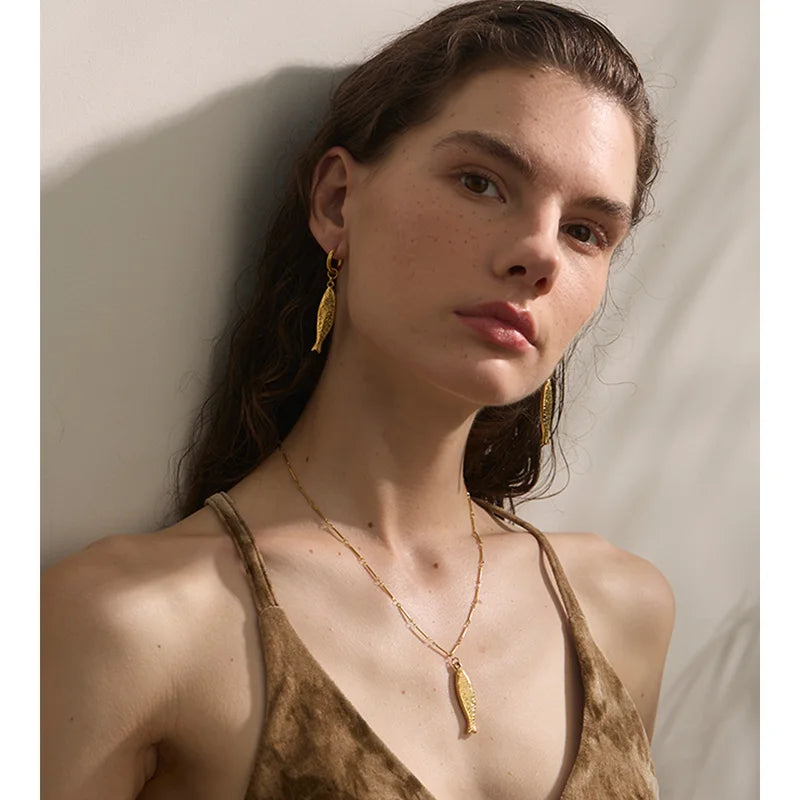 Ocean Fish Pendant Necklace & Earrings Jewelry Set - Stainless Steel, Gold PVD Plated