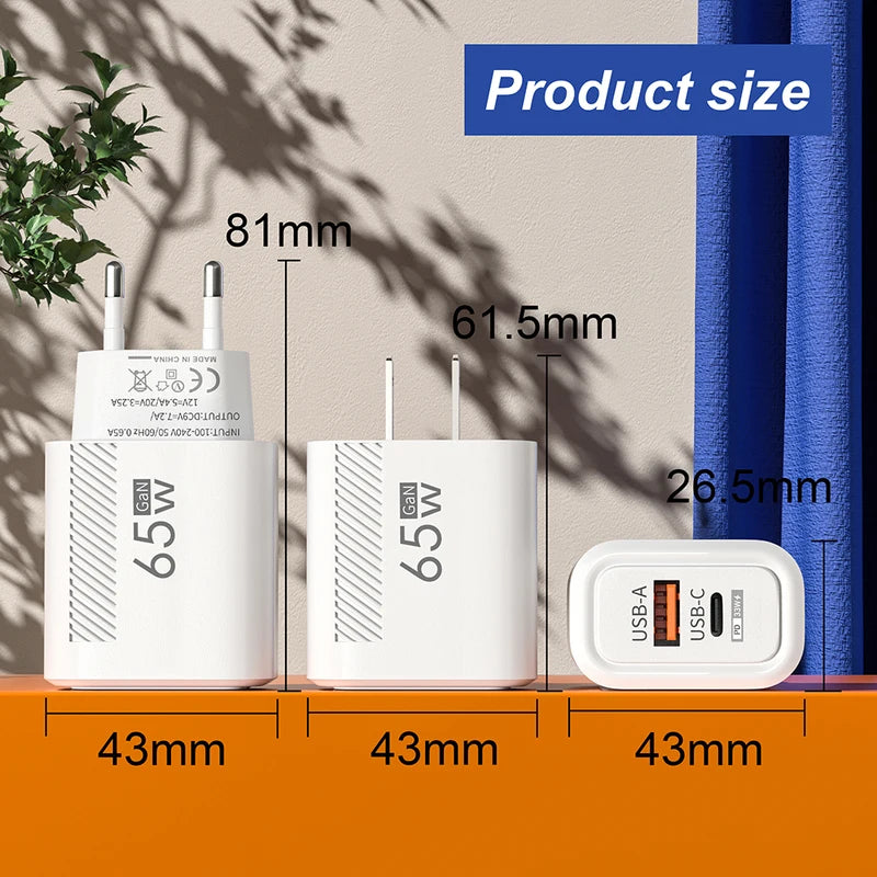 65W GaN Fast USB Type C Wall Charger PD 3.0 Quick Charge Phone Adapter US/EU Plug