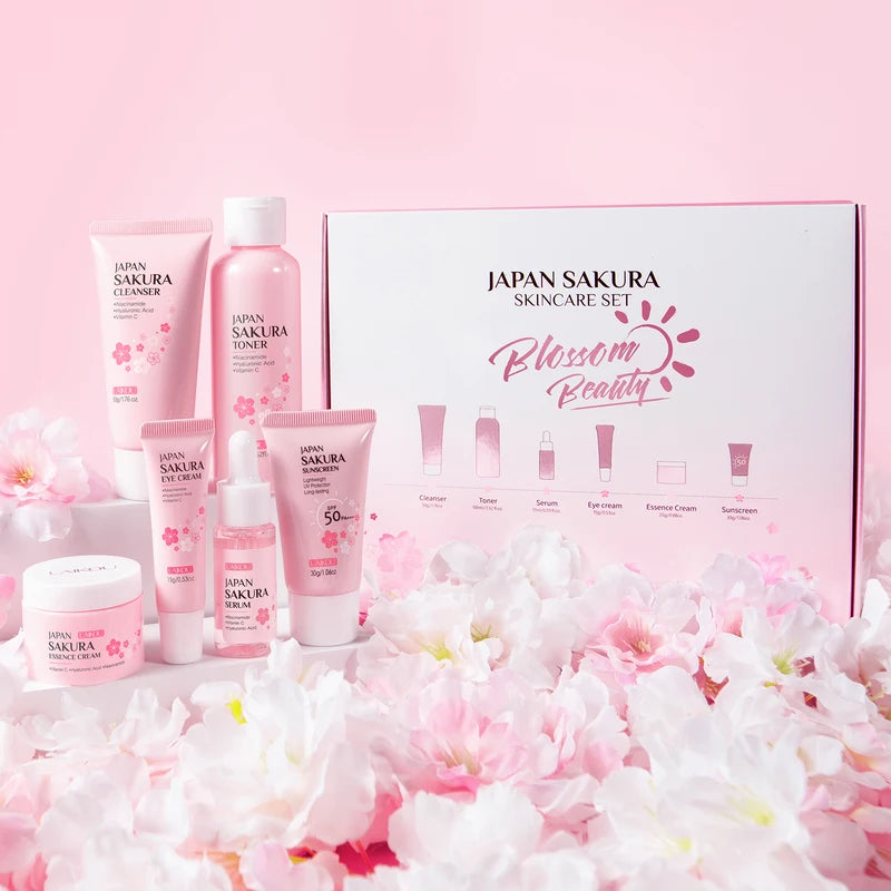 Sakura Skincare Set - Cleanser, Toner, Serum, Eye Cream, Sunscreen & Travel Kit