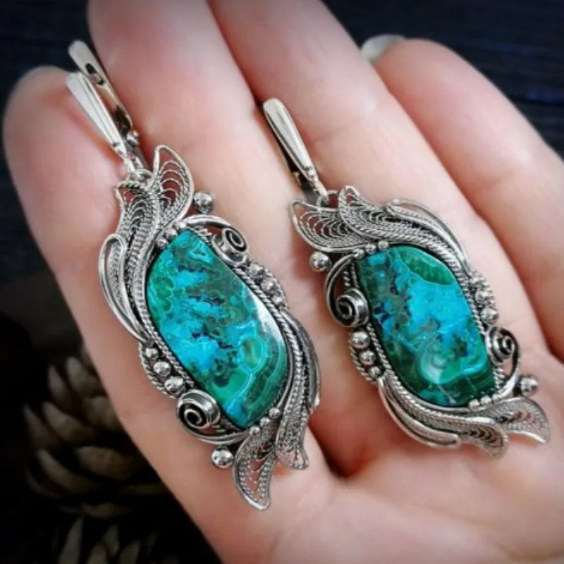 Vintage Green Stone Earrings Geometric Flower Silver Dangle Jewelry for Women