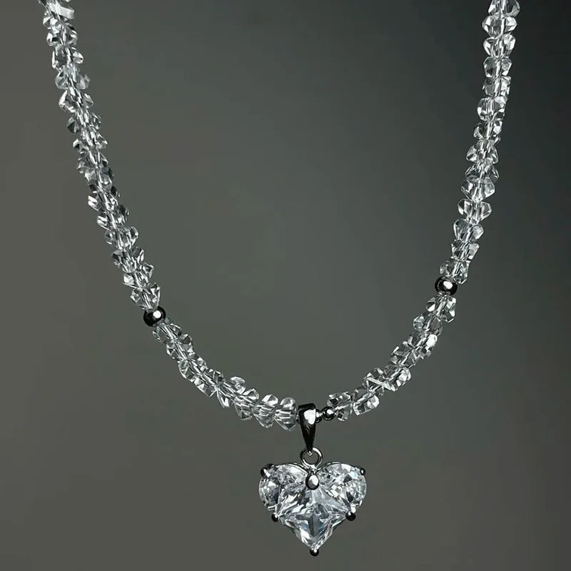 Exaggerated Irregular Beads Chain with Crystal Heart Pendant Necklace for Women Valentine's Gift