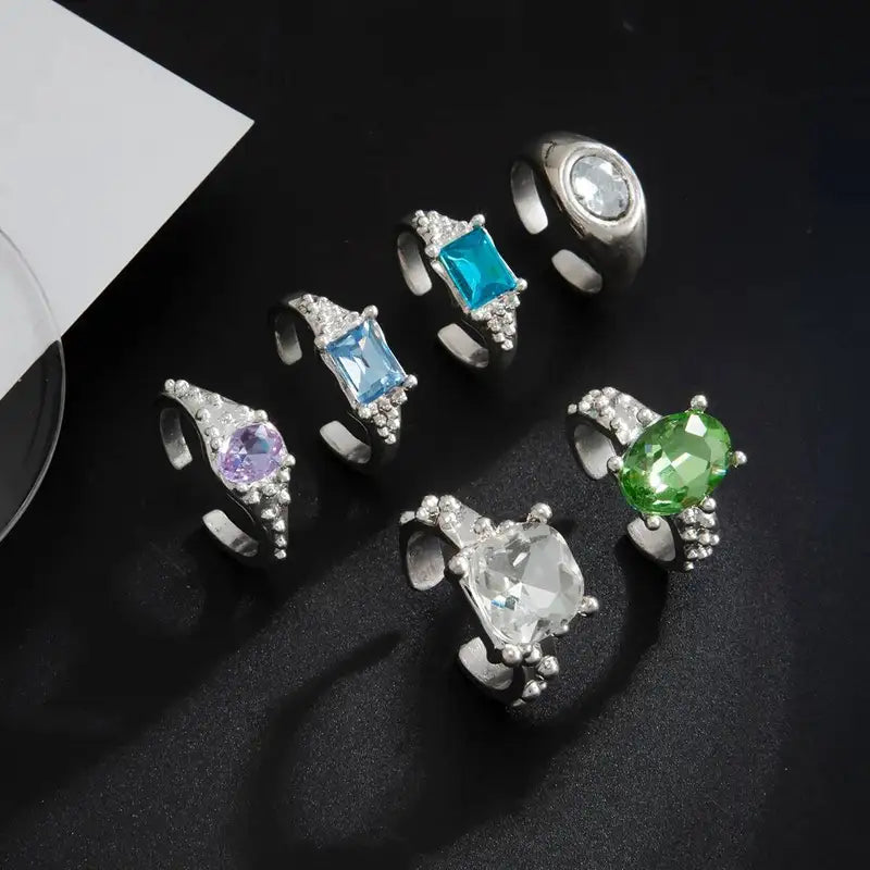 6-Piece Acrylic Rhinestone Adjustable Open Stackable Finger Rings for Women