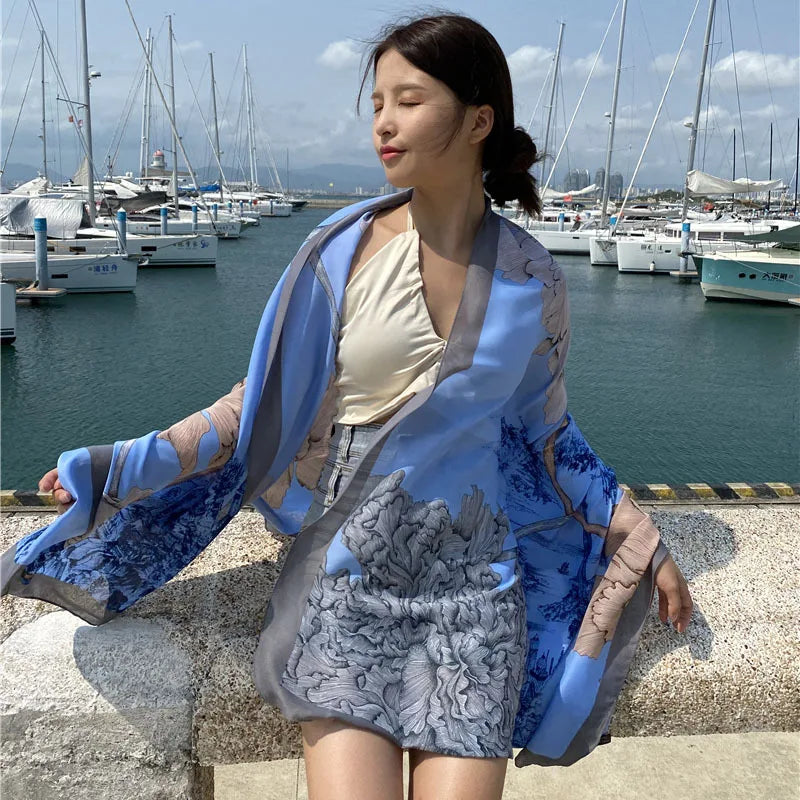 Luxury Floral Silk Beach Cover-Up Sarong Wrap for Women 90x180cm