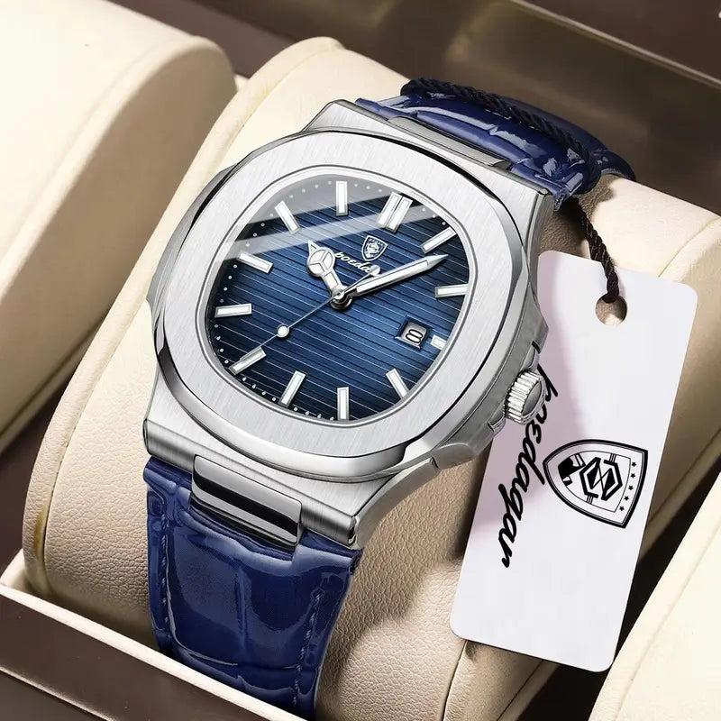 Luxury Men’s Square Waterproof Luminous Business Wristwatch with Leather Strap