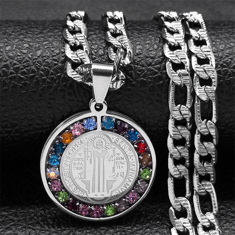 Colorful Crystal Saint Benedict Medal Necklace Women Men Stainless Steel Chain Jewelry