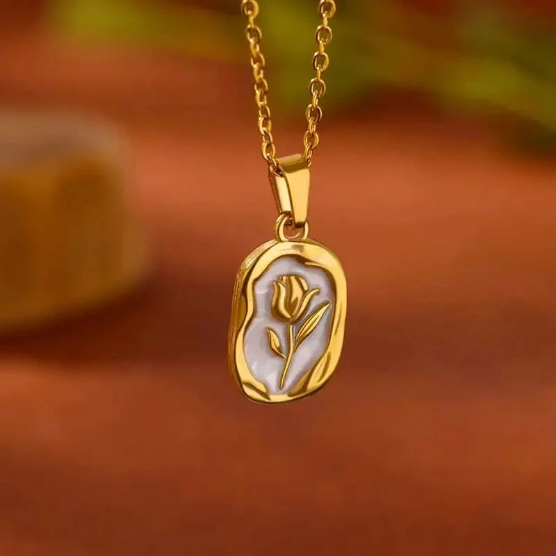 Elegant Rose Flower Necklace for Women Tulip Pendant Stainless Steel Chain Jewelry