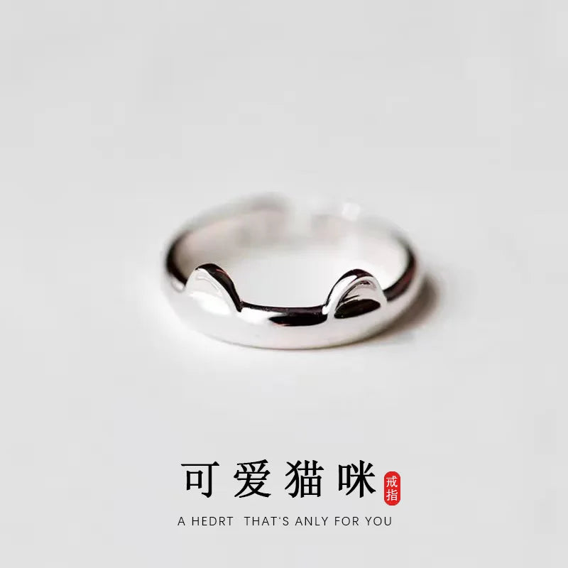 Cute Cat Ear Slim Face Ring in 925 Sterling Silver — Fashion Animal Jewelry