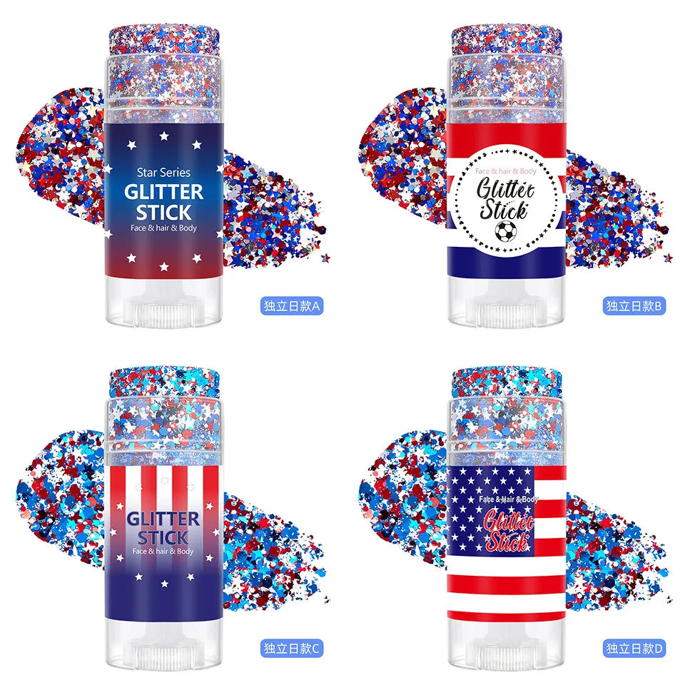 Waterproof Glitter Stick for Face Hair Body & Nails - Patriotic 4th of July Festival Makeup