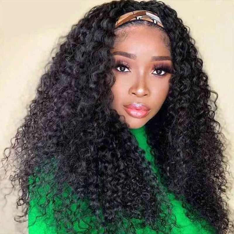 Kinky Curly Human Hair Headband Wig for Black Women 250% Density Glueless Brazilian Remy Jerry Curl