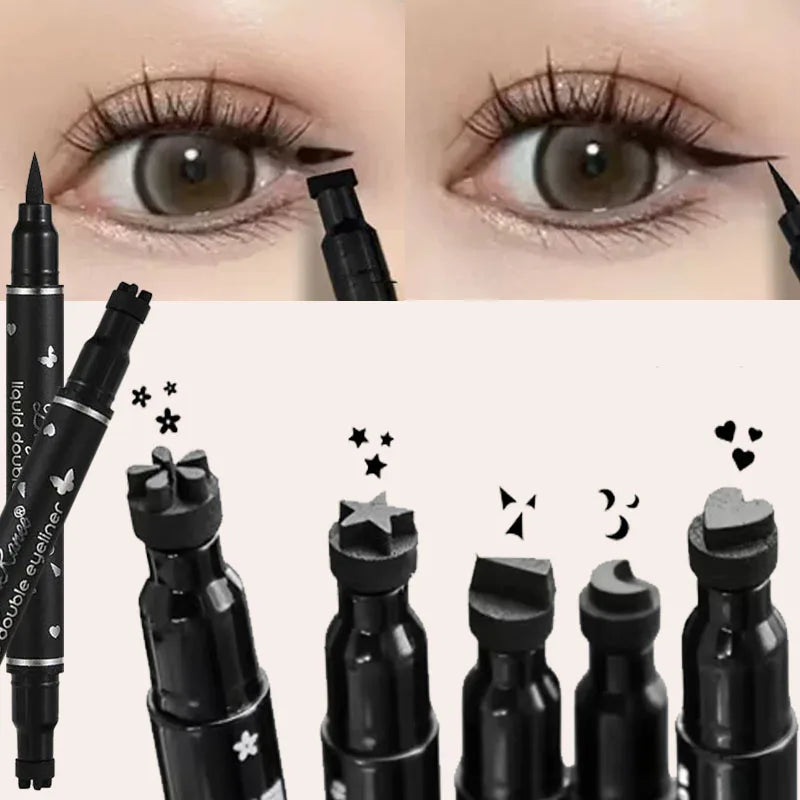 Double-Ended Waterproof Eyeliner Pen with Heart & Star Stamp - Quick-Dry Liquid Eye Makeup