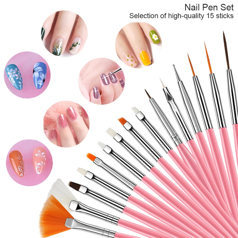 15Pcs Nail Art Liner Brush Set for UV Gel, French, Flower, Painting, Drawing
