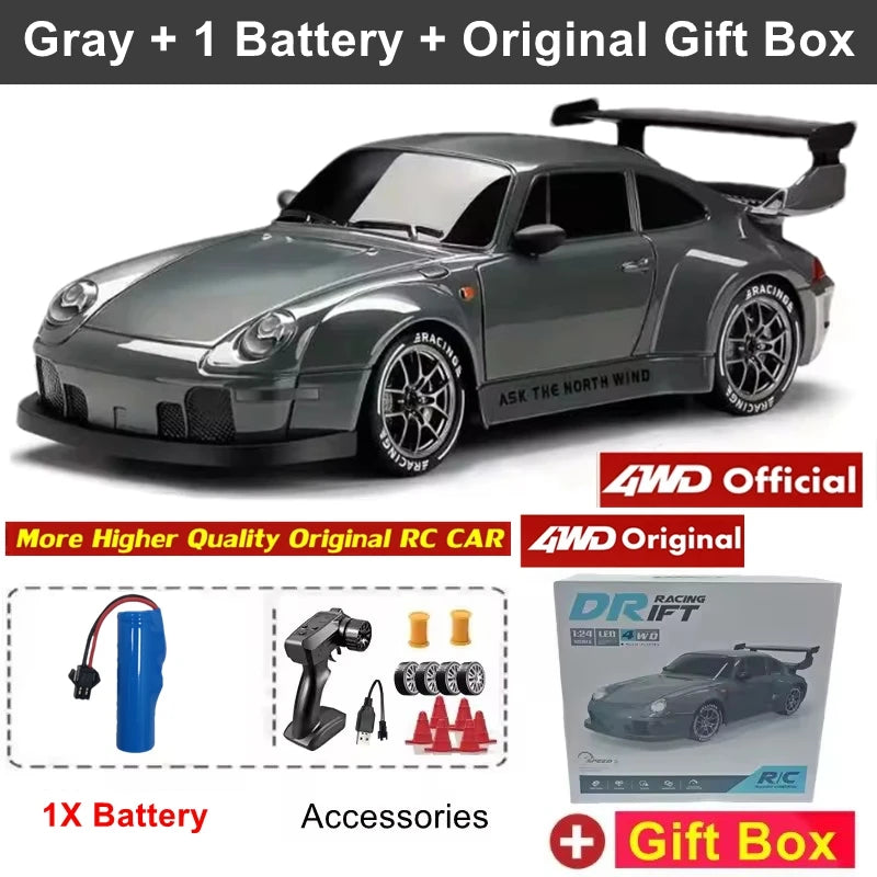 High Speed 1:24 Scale 4WD Remote Control Drift Car with Lights & Replaceable Tires