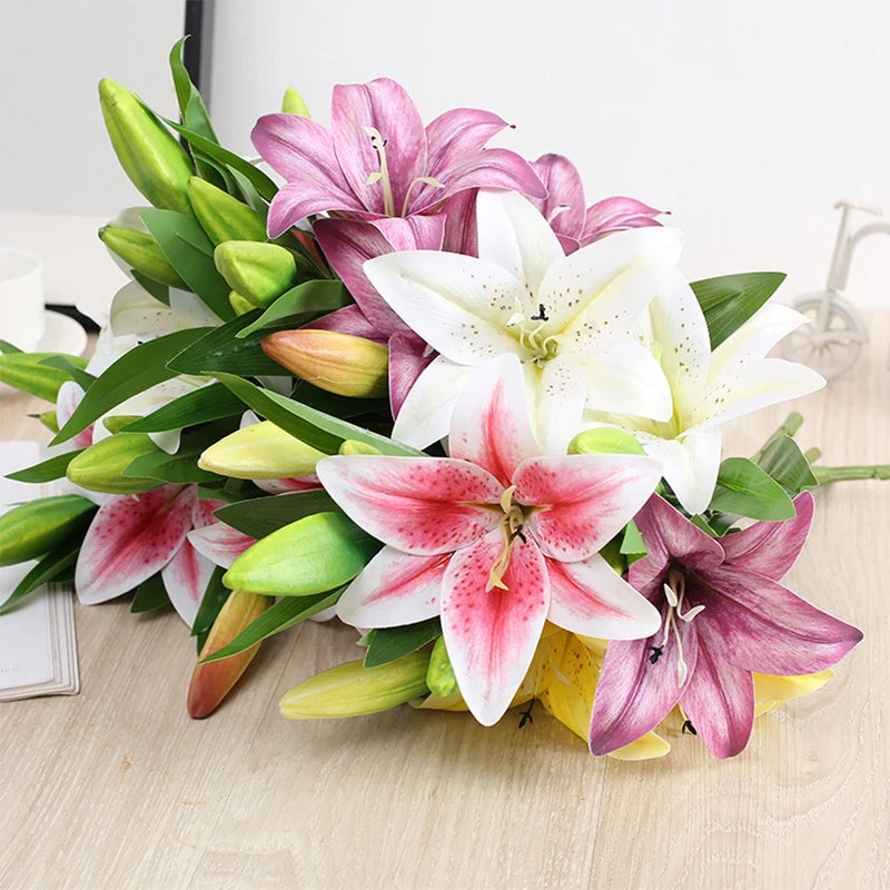 Artificial Lily Branch Flowers - Real Touch White Fake Flowers for Wedding Garden Home Decor