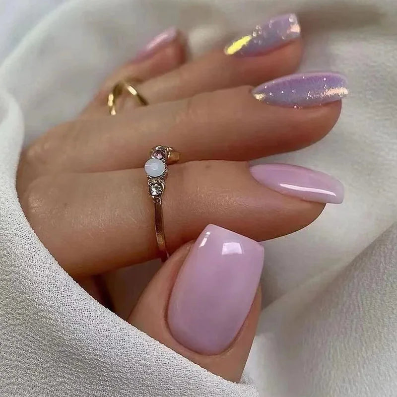 24Pcs Short French Fake Nail Tips with Aurora Glitter & Jelly Stickers