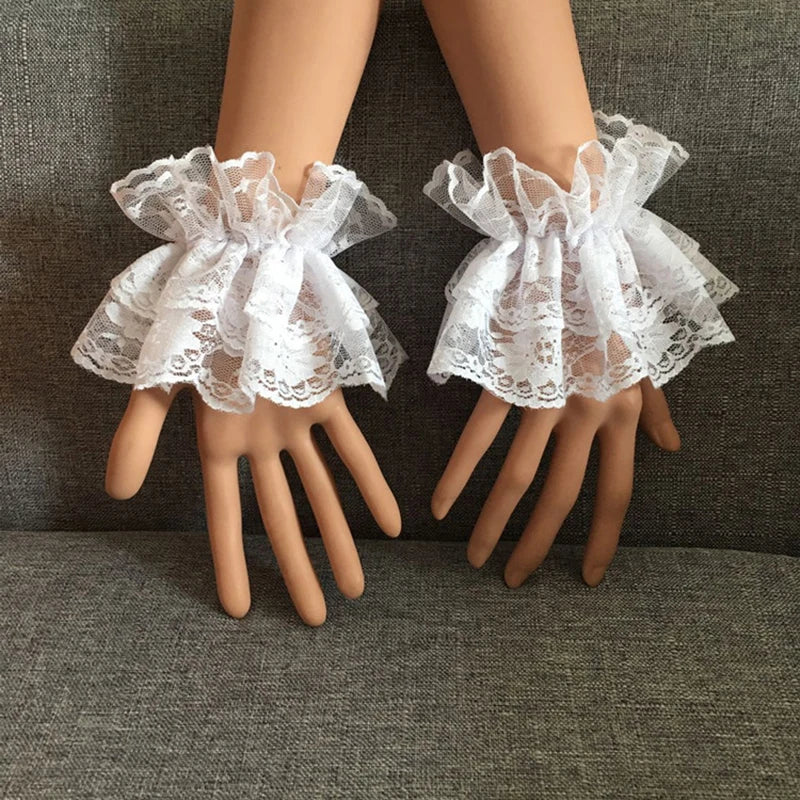 Elegant Lace Wrist Cuffs - Ruffled Floral Short Gloves for Women & Girls