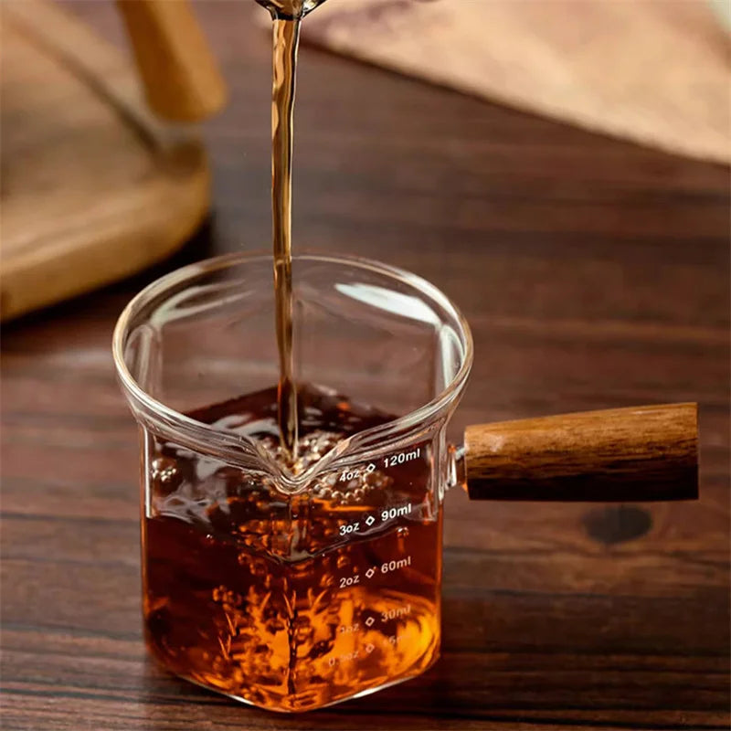 120ml Glass Espresso Measuring Cup with Scale & Wooden Handle - Coffee & Latte Tool