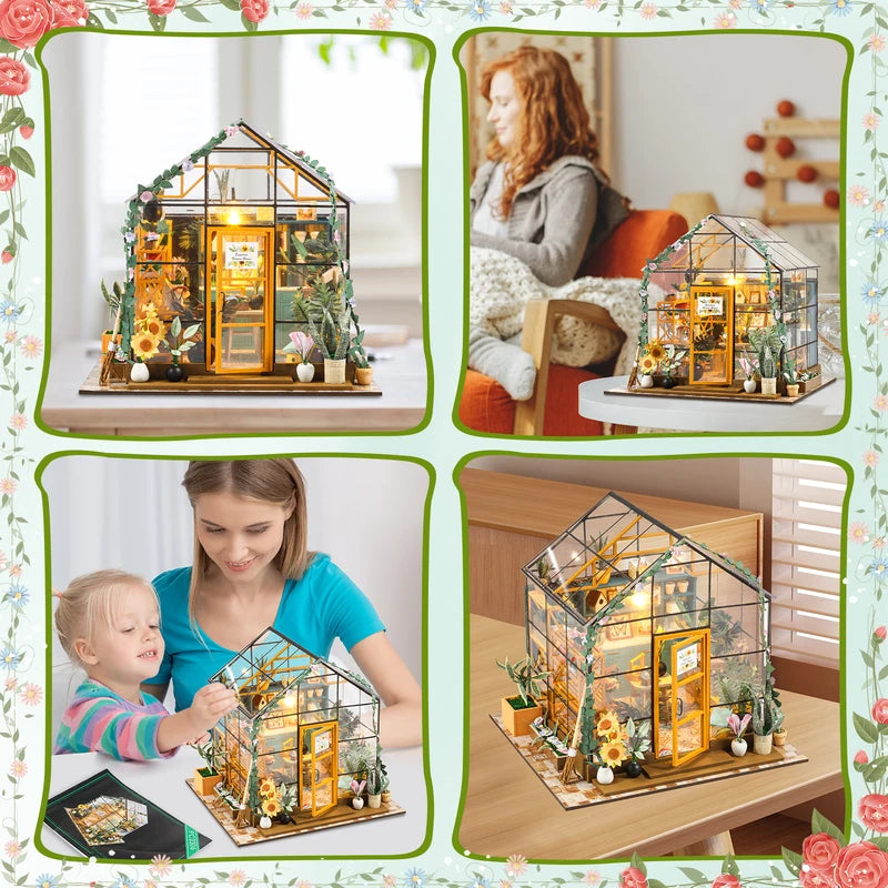 Miniature Garden House Kit with Furniture, LED Light and Wooden Greenhouse Model