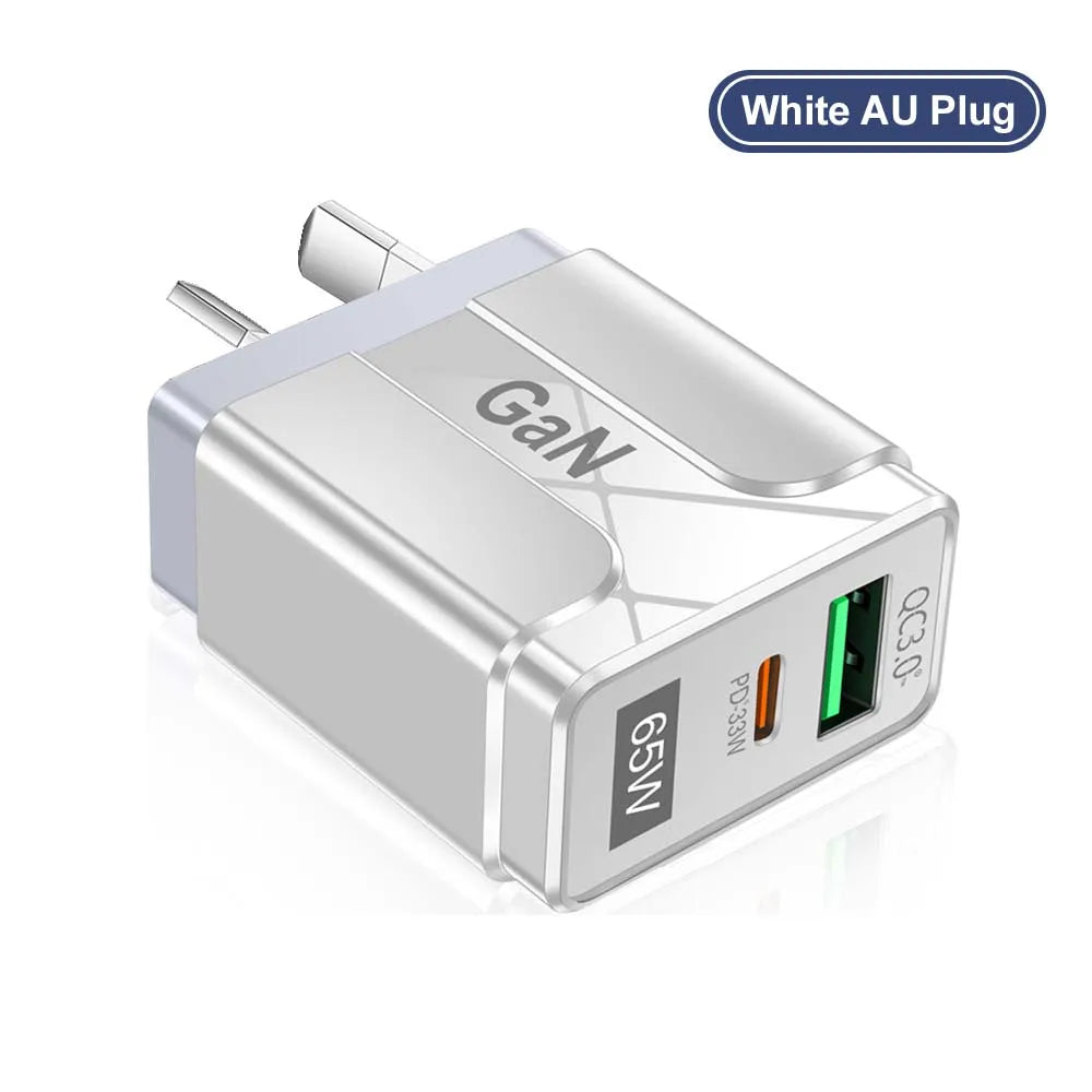 65W USB Wall Charger with QC3.0 and PD Fast Charging for Mobile Phones